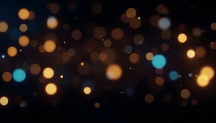 Obraz premium Un fondo oscuro lleno de orbes brillantes dispersos en varios colores, incluidos dorado, naranja y azul, que crean un efecto bokeh