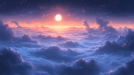 Fototapeta premium Digital Sky Art in Purple and Pink featuring Dreamy Cloudscape with Moon and Stars