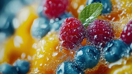 Close-up of colorful fruit dessert with berries and mint