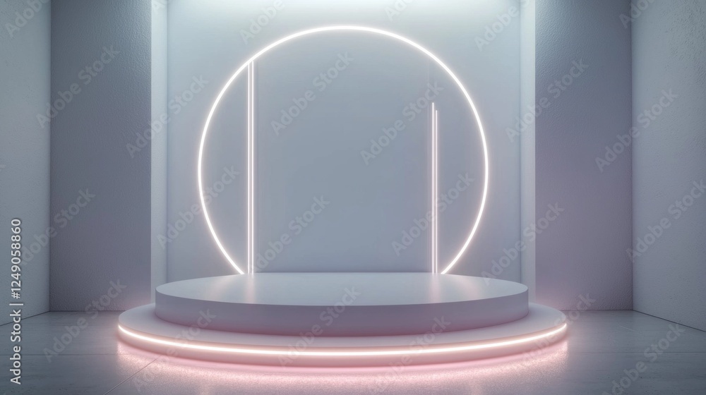 Poster featuring a shiny silver cylinder pedestal in a pristine white room, this design creates a modern an