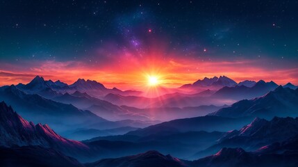 Digital Landscape Art in Dawn Colors featuring Mountain Range with Dramatic Starlit Sky