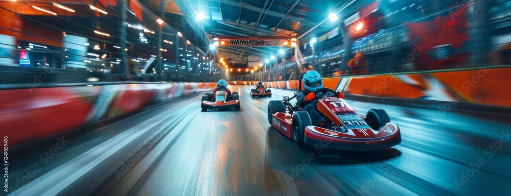 Poster enthusiastic racers navigate a thrilling indoor karting track, highlighted by colorful lights and hi