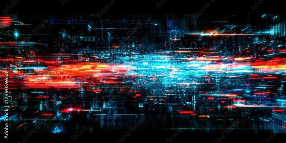 Poster dynamic abstract digital glitch background featuring glowing lines and vibrant colors in futuristic 