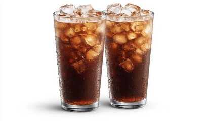 Two glasses of dark brown soda with ice, against a white background. The glasses are tall and cylindrical, filled with bubbly soda and ice cubes