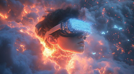 boy, young man with VR glasses on his face is dreaming, his head is in the clouds in digital reality, in the data cloud