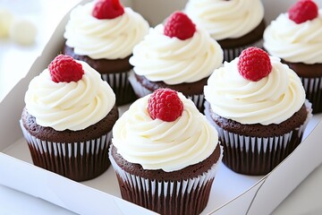 A box of chocolate cupcakes topped with creamy frosting and fresh raspberries.