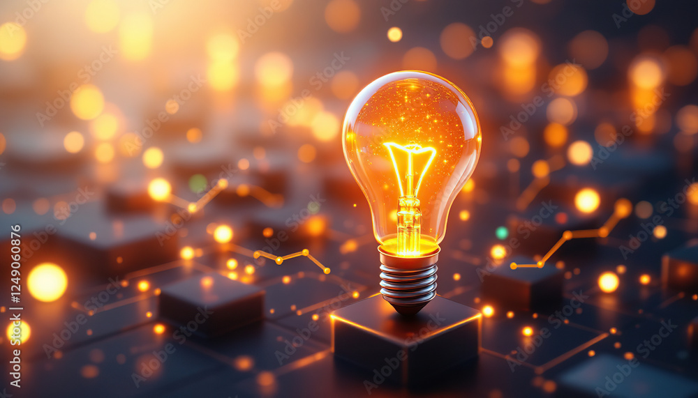 Poster glowing lightbulb idea on tech network background