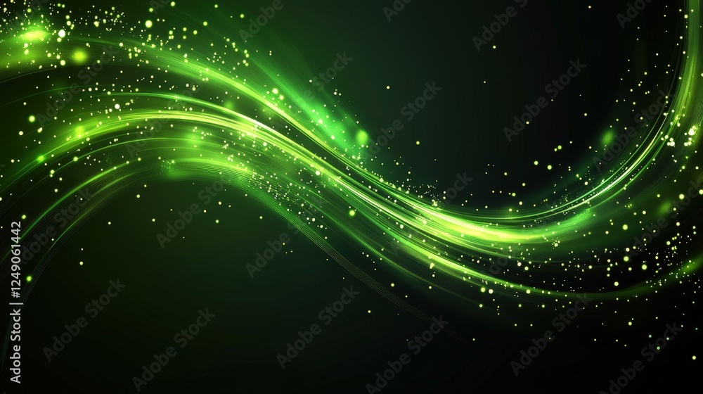 Poster abstract green background with glowing lines and particles for creative projects and digital designs