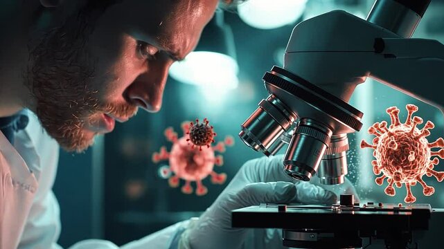 Close-up of a scientist examining a glowing zombie virus under a microscope, highlighting the ominous threat of infection.