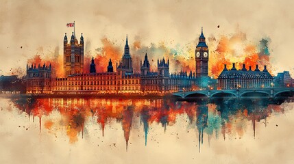Fototapeta premium Abstract London Skyline with Union Jack in Golden Watercolor Art