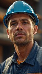Closeup portrait of construction worker wearing blue construction hat 