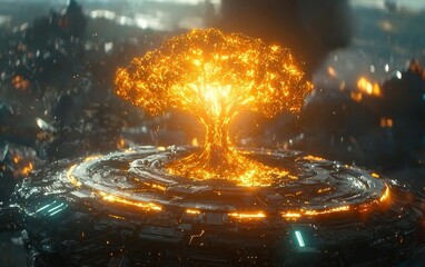 Fiery tree on futuristic base, city in background, possible use Sci-fi illustration