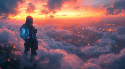 Fototapeta premium Cyberpunk style illustration of an android ninja with VR glasses on his face floating among the clouds on an electronic glider, surrounded by clouds of data, in which streams of information