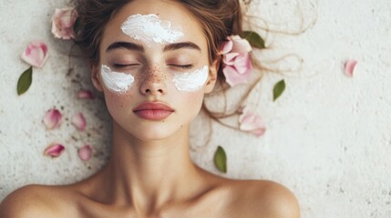 Woman relaxing, face mask, rose petals, spa treatment, beauty