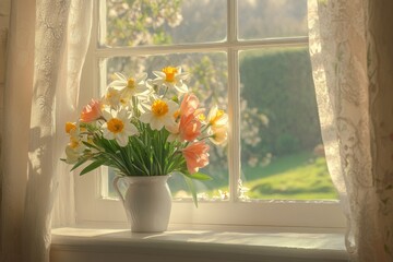 Daffodils and tulips fill a vase on a sunlit windowsill, enhancing the view. mother's day