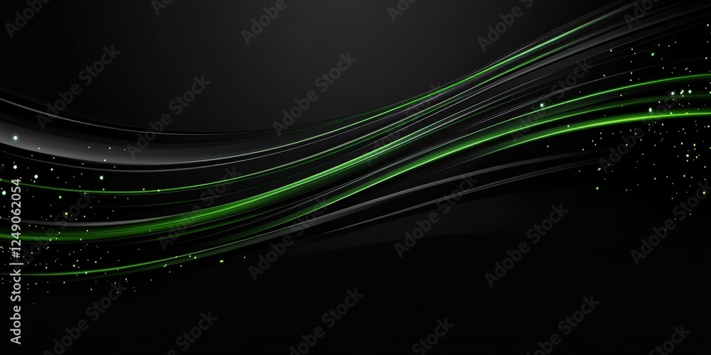 Poster abstract green lines creating a sense of speed with lights in the background over a dark surface for