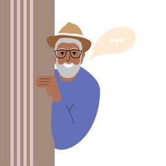 Modern old senior man. Happy elderly curious person looking from behind door. Trendy aged retired character. Old man peeping, watching and spying on someone. Vector illustration. 