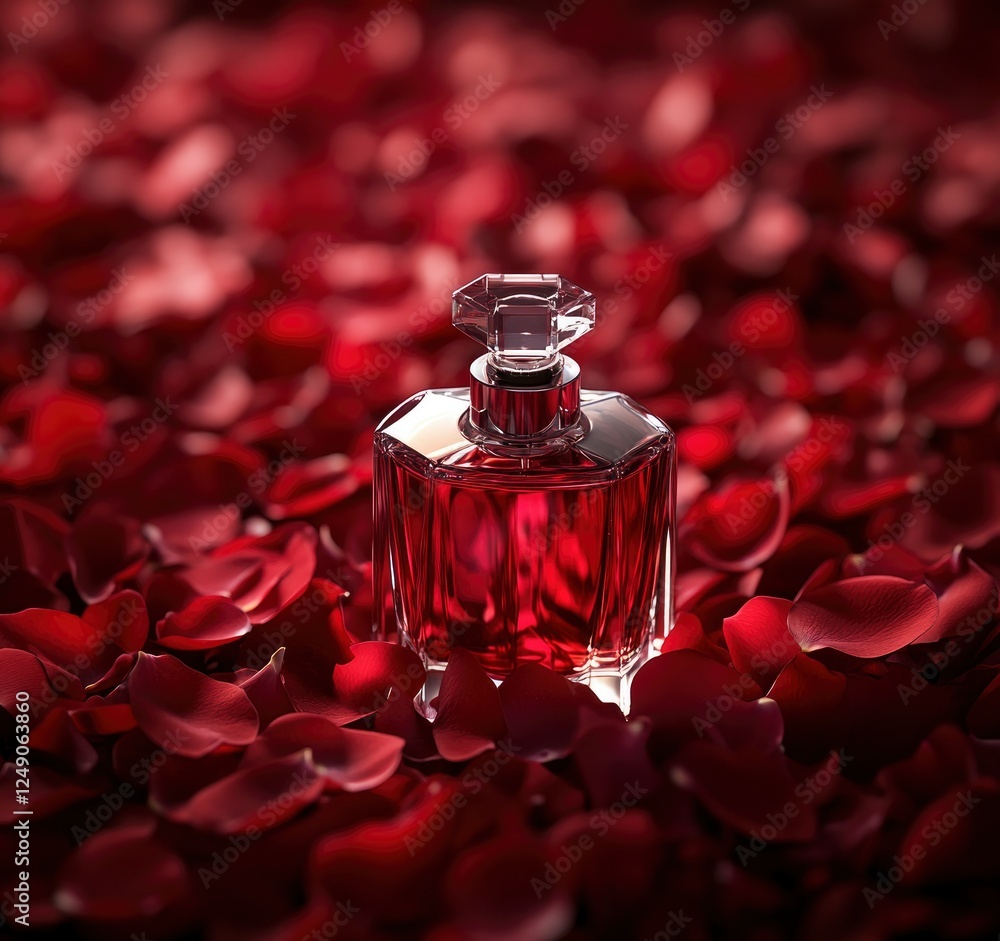 Canvas Prints Elegant red rose petals forming a symmetrical pattern around the bottle of perfume, creating a luxurious 