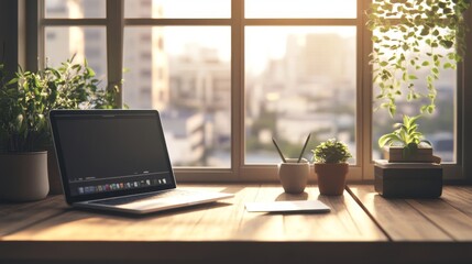 Fototapeta premium Laptop, plants, sunrise city view workspace