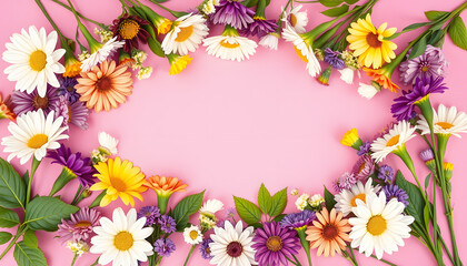 Fototapeta premium Frame made of beautiful flowers on pink background, flat lay with space for text. Floral composition, vibrant. with white shades