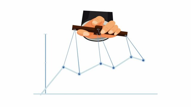 Hand With Holding Stick With Rope, Puppet Master Controlling Business Chart Motion Animated On White Background