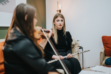 Two young musicians playing flute and violin together in a home-like setting, wearing casual yet...
