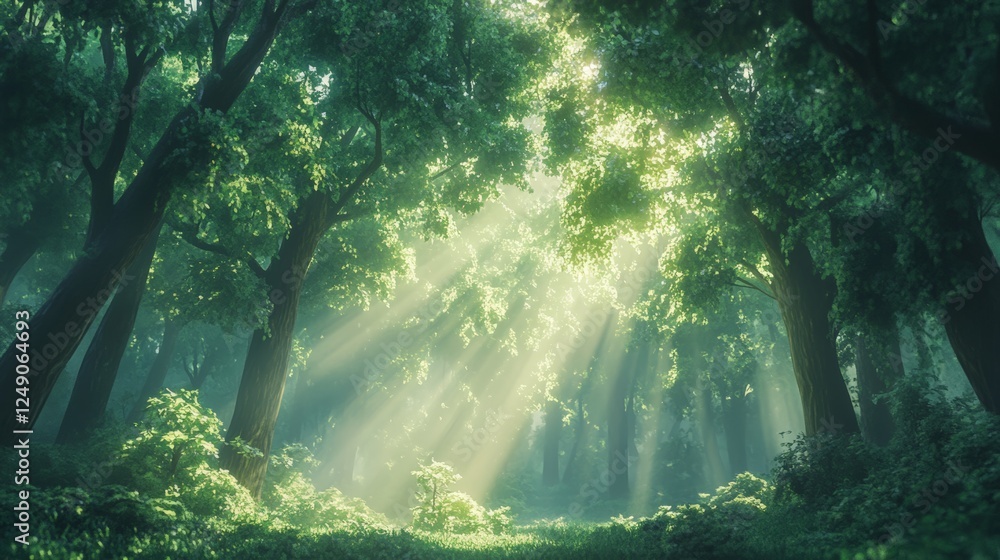 Poster golden sunbeams are filtering through the lush green canopy of a magical forest, creating a mesmeriz