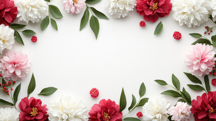 Beautiful floral arrangement with peonies and leaves on light background