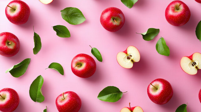 Fresh red apples and green leaves on pink background create vibrant scene