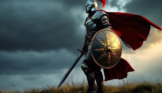 Brave Knight Standing Strong Dramatic Stormy Sunset