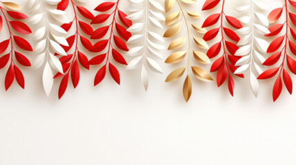 Colorful paper leaves in red, white, and gold create vibrant design