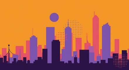 Obraz premium Colorful abstract city illustration with people silhouettes and geometric shapes.