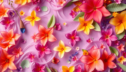 Abstract background of colorful flowers and leaves arranged in a surreal, flowing pattern.