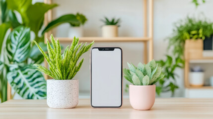 Blank Screen Device Display Between Two Vibrant Potted Plants
