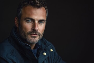 Fototapeta premium Handsome man with a beard poses against a dark background for a striking portrait layout