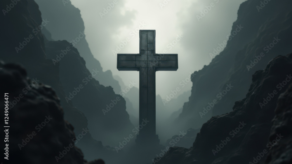 Poster a christian cross symbol shining through a rugged mountainous terrain with rays of light.