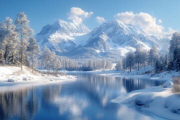 Snowy mountain landscape with a serene river reflecting the sky