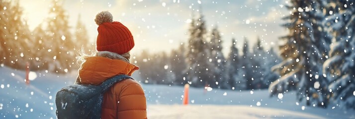 Enjoying a serene winter landscape while snow falls gently on a snowy trail