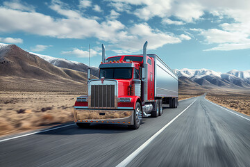 Obraz premium A modern American semi-truck moves at high speed on a highway, captured in a realistic and detailed scenic view with dynamic motion.