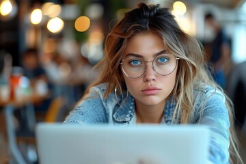 Close-Up Image of Exhausted Businesswoman in Her 40s Wearing Glasses, Stressed and Fatigued, Staring at Laptop Screen in Busy Office Environment