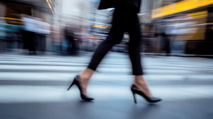 Fototapeta premium Businesswoman walking briskly in high heels across a busy city crosswalk, symbolizing urban life, career, and fast-paced modern living. Motion blur 