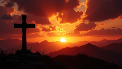 A cross standing on a mountain top at sunset with dramatic clouds.