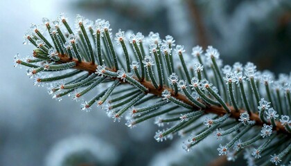 Frosty Pine Branch with Blurred Background