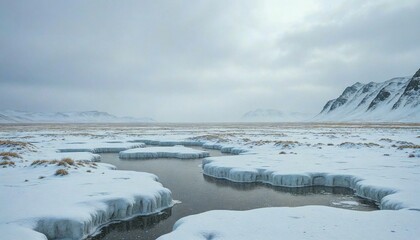 Snowy landscape with river and mountains
