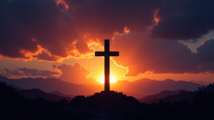 Sun setting behind a cross with mountains in the background, creating a serene Christian landscape.