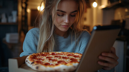 Enjoying a cozy evening with pizza and a tablet in a warm, dimly lit cafe setting