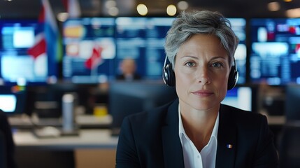 Fototapeta premium Professional woman with headphones working in a modern control room with digital displays