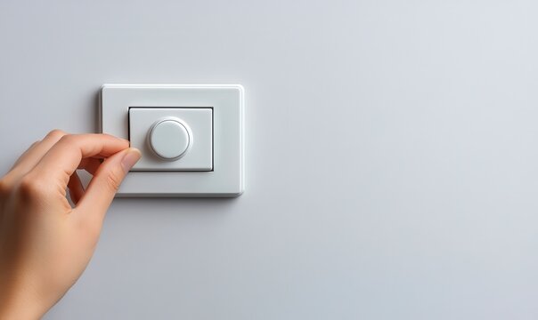 Close up of a hand adjusting a white dimmer switch on a wall