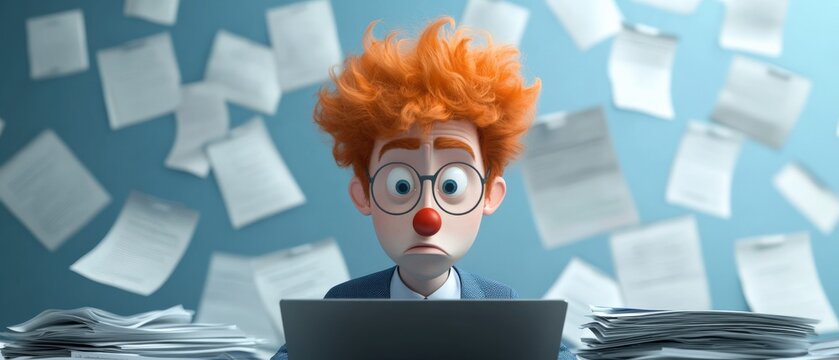 stressed cartoon worker with paperwork overload