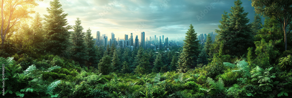 Poster exploring the harmony between nature and urban architecture in a lush landscape